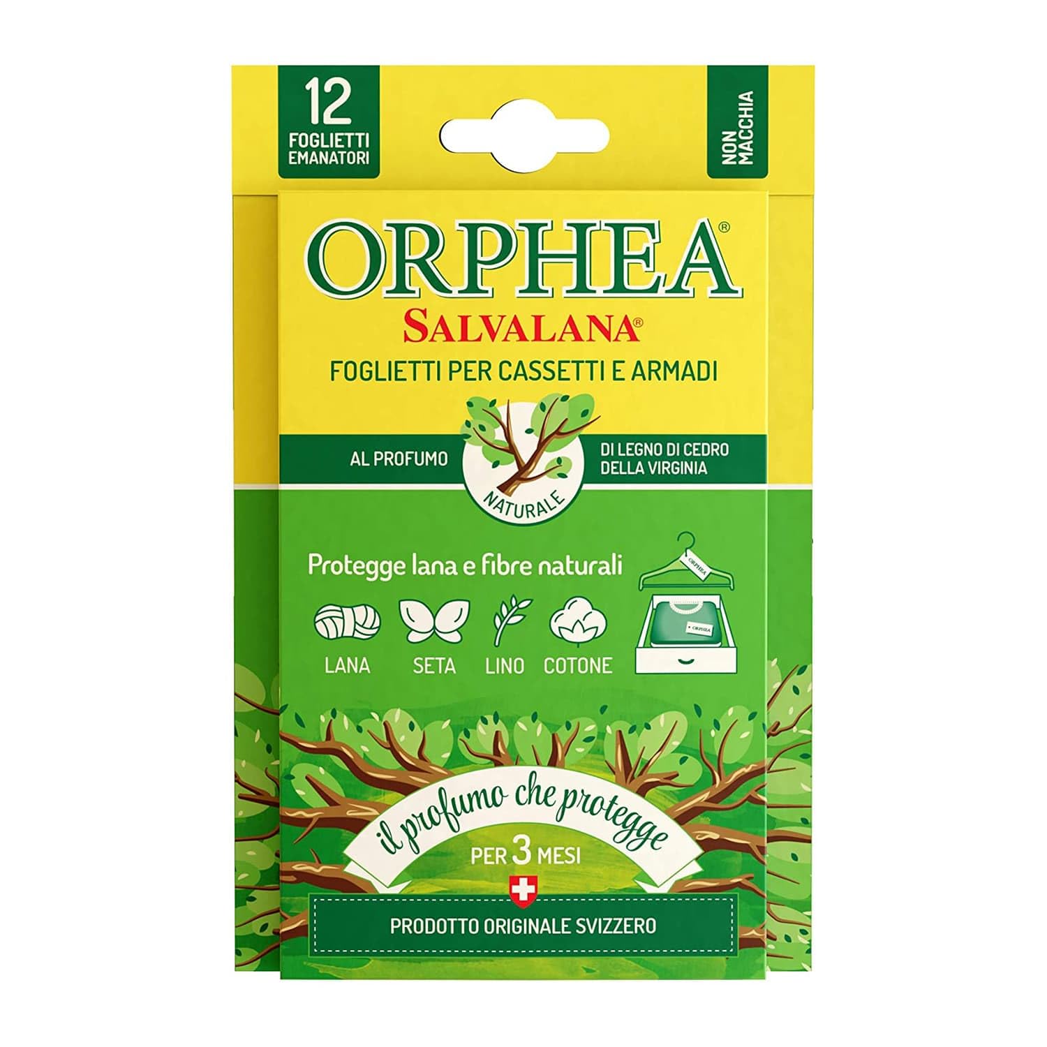 Orphea Salvalana Foglietti Per Cassetti E Armadi, Protegge Lana E Vestiti Tutta La Stagione, Profumo Di Cedro, 12 Foglietti Emanatori