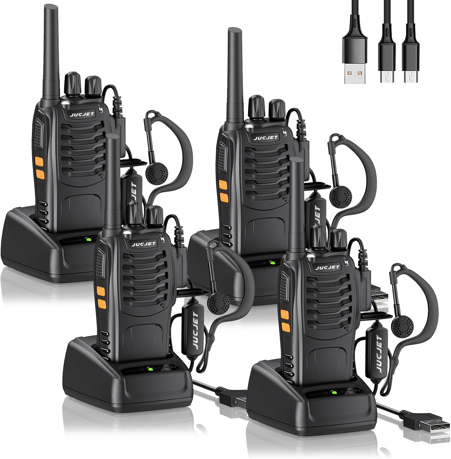 JUCJET Walkie Talkies 2023 Upgraded 88E Walkie Talkie Long Range for Adults with Earpieces, 16 Channel Handheld 2 Way Radio Rechargeable with Flashlight Li-ion Battery and Charger(4 Pack)