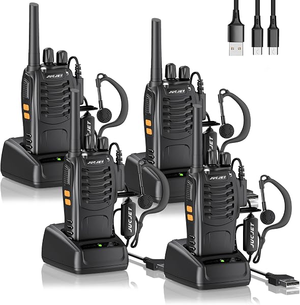 JUCJET Walkie Talkies 2023 Upgraded 88E Walkie Talkie Long Range for Adults with Earpieces, 16 Channel Handheld 2 Way Radio Rechargeable with Flashlight Li-ion Battery and Charger(4 Pack) - 1