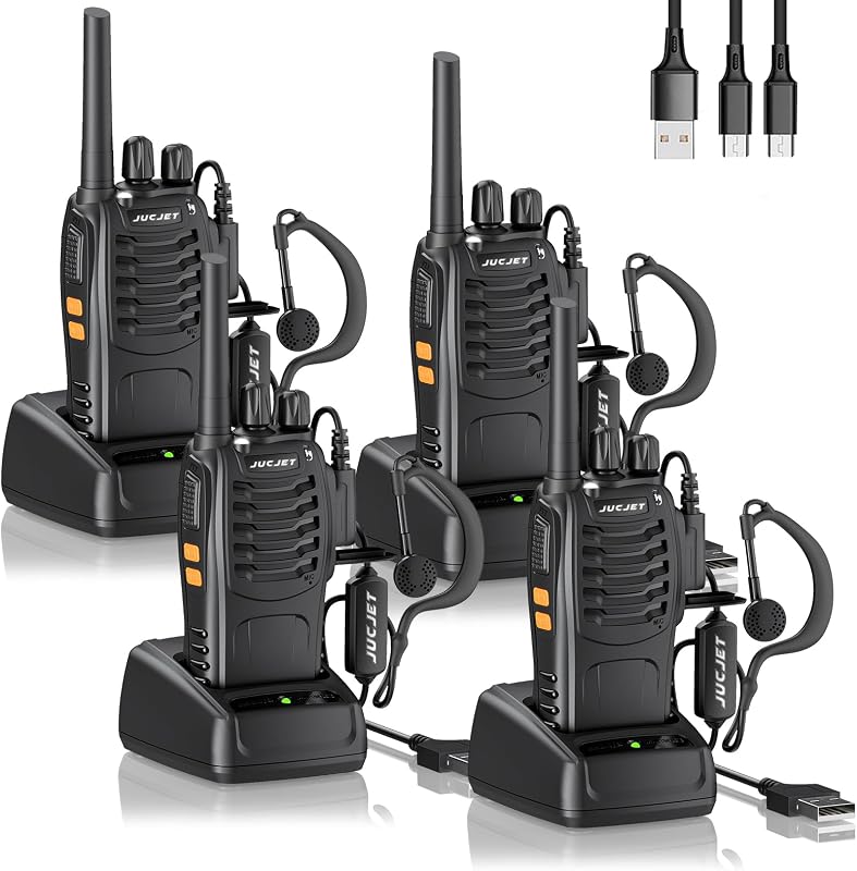 JUCJET Walkie Talkies 2023 Upgraded 88E Walkie Talkie Long Range for Adults with Earpieces, 16 Channel Handheld 2 Way Radio Rechargeable with Flashlight Li-ion Battery and Charger(4 Pack)