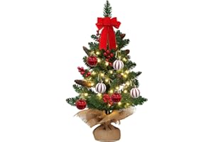JINGTOPS Mała sztuczna choinka 60 cm, mała choinka LED z 20 wbudowanymi światłami i 6 bombkami bożonarodzeniowymi, choinką na stół, do kuchni, salonu, sypialni i biura.