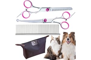 DKDDSSS 4 Stück Hundeschere, Hunde Fellschere mit Runder Sicherheitsspitze, Profi Haarschere Set, Fellpflegekamm Effilierschere, Gebogene Schere, für Fellpflege Hund Katze Haustier