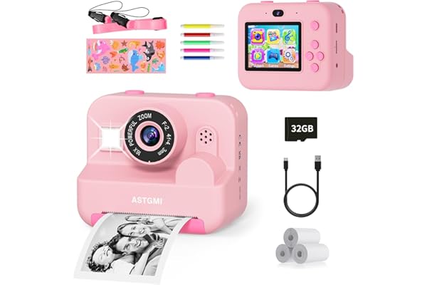 ASTGMI Appareil Photo Instantané, 2.4" Écran Appareil Photo Enfant avec Papier d'impression et Carte 32GB, Mode Selfie et Video, Cadeau Jouet pour Enfant Garçons Filles de 3-14 Ans(Rose)