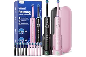 YTEATH PRO Brosse À Dent Électrique Rotatives Adultes - Lot De 2 Brosses À Dents Rotatives avec 10 Têtes de Brosse et Étui de Voyage, 5 Modes, Étanche IPX7, Brosse A Dent Electrique de Voyage, Noir et Rose
