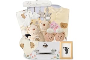BuntWunder Baby Geschenk Jungen Mädchen, Neugeborenen Geschenk zur Geburt, Babygeschenke Babyparty Shower Set mit Baby Strampler, Socken, Badetücher, Grußkarten, Greifling Rassel Spielzeug