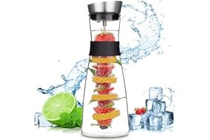 ZHHGOO Szklany dzbanek na wodę,szklana butelka o pojemności 1,5 litra i pokrywka ze stali nierdzewnej, szpikulec do owoców ze zdejmowaną nakrętką do zimnego, gorącego soku, herbaty, mleka i kawy