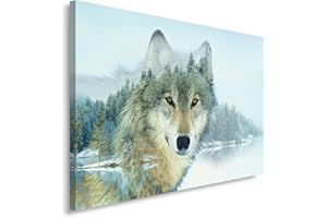 Feeby Impression Sur Toile Boho Scandi Loup 80x60 cm 1 pièce Tableaux Tableau Mural Image Moderne Photo Décoration Murale Design Chambre Salon Cuisine Double Exposition Hiver Forêt Blanc Gris
