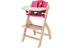 Abiie Beyond Junior Wooden High Chair with Tray - Adjustable and Convertible High Chair for Babies and Toddlers - 6 Months to 250 Lb - Water Resistant - Natural Wood with Raspberry Red Cushion