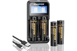 JESSPOW 3300mAh High Drain 3.7 V 18650 Rechargeable Battery Flat top with Charger, Long Lasting Batteries for Flashlight, Camera, Small Fan, Outdoor Garden Lights (4 Pack)