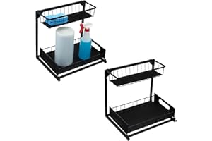 Amazon Basics Organizador para Debajo del Fregadero con Revestimientos para Bandejas, en Forma de L, Organizador Extraíble para Armarios, Bandeja Inferior Deslizante, Paquete de 2, Negro