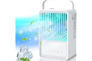 ROEJUYY Portable Air Cooler, 3-in-1 Evaporative Air Cooler, 600ML Water Tank Portable Air Conditioner, 3 Wind Speeds &2 Mist Modes, 7 Colors Light &1-8H Timer Personal Cooling Fan for Room Home Office Outdoor