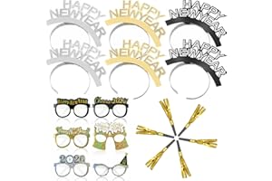 Harrycle 18 Pcs New Year Eve Party Supplies 2026, Happy New Year Party Decorations Accessories Headband Tiara Eyeglasses Prop Fringed Noise Makers Set Funny Eyewear Glitter Hair Tiara