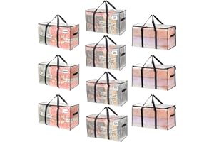 VENO 10 Pack Extra Large Moving Storage Bags with Zips, Heavy-Duty Organizer Tote, Moving Box Alternative, Packing Supply, Clothes Storage Bin, Tag Pocket for Label, Water-Resistant (Clear, 10 Pack)