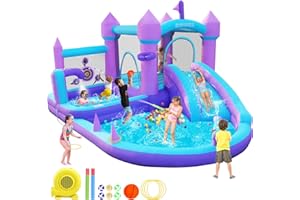 GYMMALL Castello Gonfiabile per bambini 3-10 anni, Casa dei Sogni Viola con Scivolo d'Acqua e Soffiatore da 550W, Grande Castello Gonfiabile con Area Salto, Piscina di Palline, Piscina