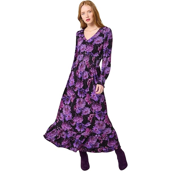Joe Browns Vestito Maxi Floreale Autunnale Boho Vintage Con Maniche A Polsino E Vita Elastica