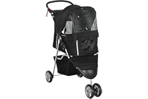 PawHut Pet Travel Stroller Cat Dog Pushchair Trolley Puppy Jogger Carrier Three Wheels for Small Miniature Dogs(Black)