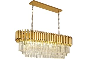 SEENVLOG Modern Led Crystal Pendant Light Golden Crystal Chandelier Lights 3-Tier Raindrop Chandelier Light Fixture Flush Mount Ceiling Light for Dining Room Living Room Table Foyer,L100*W30cm…