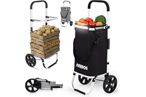 Arebos Chariot de Courses 3 en 1 avec Compartiment Isotherme intégré | 56L | Sac de Courses Pliable | Poignée réglable | Chariot de Courses avec roulettes pour escaliers | Sac Amovible | Noir