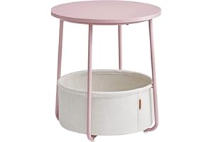 ‎VASAGLE VASAGLE Okrągły stolik boczny, mały stolik, mały stolik kawowy, kosz z tkaniny, miejsce do przechowywania w salonie sypialni, nowoczesny stolik nocny, pastelowy róż-kremowy biały LET223R61