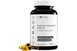 HIVITAL FOODS Vitamine E Naturelle 400 UI (D-Alpha Tocophérol). 200 capsules d'huile pour plus de 6 mois de traitement. Fabriqué avec 400 mg de Vitamine E Naturelle. Fabriqué en Europe par HIVITAL