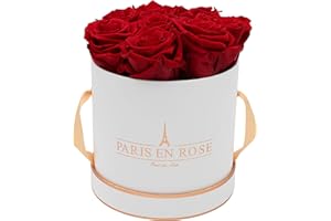 PARIS EN ROSE Rosenbox | mit 9 Bordeaux-roten Infinity Rosen Größe XL | konservierte ewige Rose | runde Weiß-Roségold Box | 3 Jahre haltbar
