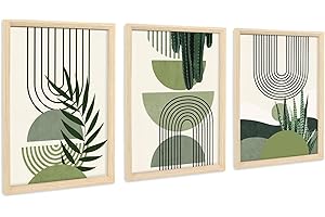 HALFLEMART 3Pcs Foglia Botanica Stampa su Tela Con Cornice Linea Geometrica Beige Verde Pittura Quadri su tela Quadri Moderni Camera da Letto Soggiorno Decorazioni Murale 90x40cm(12"x16"x3pcs) (Senza Plexiglass)
