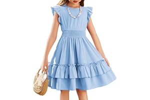 Arshiner Ragazze Abito Maniche Volanti Bambini Estivo Cotone Abito Festivo Elegante Senza Maniche Swing Abiti da Festa per Ragazza 5-13 Anni