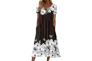 WVONIF Femme Robe Manches Courtes Boho Floral Col en V Taille Haute Tunique Robes élégante Maxi Casual Robe Décontractée Longues Robe de Plage Imprimé Floral Robe de Cocktail Party Soirée avec Poches