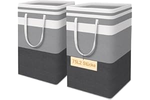 EYELEAF Faltbarer Wäschekorb mit Griffen, wasserdichter Wäschesammler & Aufbewahrungsbox, großer Wäschekorb für Haushalt-2 Stück, Grau-Weiß Gestreift (Große Streifen, 75L)