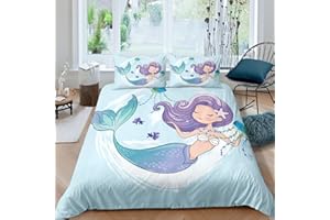 ‎SACEBELEU Sacebeleu Meerjungfrau Bettwäsche Set 135x200cm Kinder Mädchen Blau Bunt Regenbogen Tier Schön Kinderbettwäsche Bettbezug mit Reißverschluss und 1 Kissenbezug 80x80cm