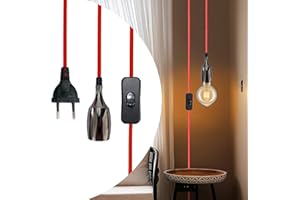 JZCDR 3/5m Cable Textil con Enchufe, Interruptor y E27 Metal-Portalámpara, Cable Electrico Trenzado Vintage Kit Suspendido De PortaláMparas, para Cocinas Garajes e Iluminación de Plantas etc (A-3M)