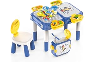 ‎REDCRAB RedCrab 6-in-1 Kinder Aktivitätstisch Set, 55 Stück Bausteinen und Murmelbahn Spielzeug Set, Kreative Kindertisch mit Stühlen -Spieltisch Enthält 1 Stühle und Bausteintisch mit Aufbewahrung