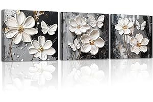 Piy Painting 3 Pcs White Floral Canvas Wall Art, Black And White Wall Pictures, Canvas Prints, Modern Poster For Office Bathroom Hallway Cafe Kitchen Decoration, 12x12 inch/36x12 inch