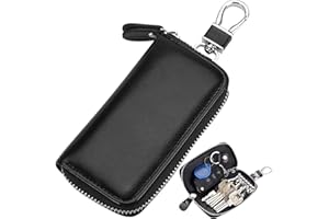 Wesoke Leather Car Key Case Holder Black Keychain Case Bag, Universal Car Key Fob Bags for Men Women, Auto Key Chain Protector Cover Key Ring Zipper Bag with 6 Hooks and Metal Hook