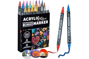 KEBUYE Acrylic Paint Pens Painting Markers - 24 Colors Dual Tip Art Set Acrylic Paint Marker Pen Fine 1mm Round 1-5mm for Rocks Painting Wood Glass Stone Mug Ceramic Supplies for Christmas Easter DIY Craft