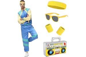Metaparty 80er Jahre Outfit Herren Damen, Trainingsanzug 70er 80er Jacke Hose Anzug, 80er Jahre Kostüm mit Stirnband Armbänder Brille Paare, Retro Style Jogginganzug Bad Taste Outfit Karneval