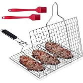 NEWJEK Stainless Steel Barbecue Basket, Fish Grill | 32 x 22 cm, Stainless Steel, 2 Silicone Brushes Included, for Vegetables