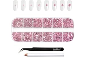 Beadsland strass pour le maquillage,8 tailles 2500pcs cristal dos plat strass visage pierres précieuses pour l'artisanat ongles avec des pinces et un crayon de cire,Rose Clair,SS4-SS30