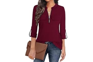 Gemulate Womens Tops 3/4 Sleeve Tops for Women Polo Top Floral Printed Shirts with Zip Up V Neck Tunic Blouse Basic Tops