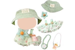 CARREUTY 5 Pcs Doll Clothes for 17cm Dolls，Summer Youth Doll Clothes Accessories Set with 1 Green Strap Dress 1 Sunshade Hat 1 Bag 1 Bottle Decoration for Girls Boys Kids Birthday Gifts，No Doll