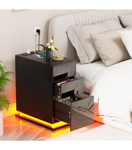 Table De Chevet étroite Avec LED RGB Et Prises USB - 50x30x63 Cm, 3 Tiroirs, Télécommande - 3