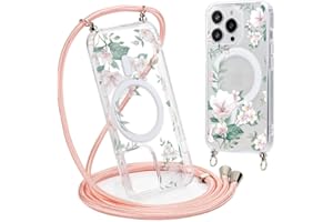Yoedge Handyhülle Handykette für iPhone 15 Pro Max 6,7" Hülle mit Band,Transparent Magnetisch Case Kompatibel mit Magsafe,Silikon Stoßfest Kordel zum Umhängen Schutzhülle mit Aesthetic Muster 3-Blumen