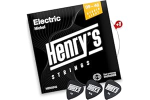 Henrys® Gitarrensaiten E Gitarre 09-46 - Extra E1-Saite & 3 Plektren Gratis - Saiten E Gitarre Vernickelter Außenseite & Edelstahlkern - E Gitarren Saiten Hybrid Light - Electric Guitar Strings