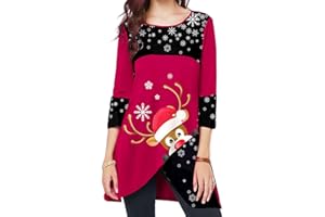 ES-UK Ladies Christmas Tunic Tops - 3/4 Sleeve Reindeer & Snowflake Print Sweatshirt Dress - Xmas Jumpers & Party Dresses for Women UK - Festive Christmas Tops for Women