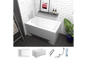 ECOLAM Badewanne Capri Polimat Mini kleine Wanne Rechteck Acryl weiß 100x70 cm + Schürze Ablaufgarnitur Ab- und Überlauf Automatik Füße Silikon Komplett-Set