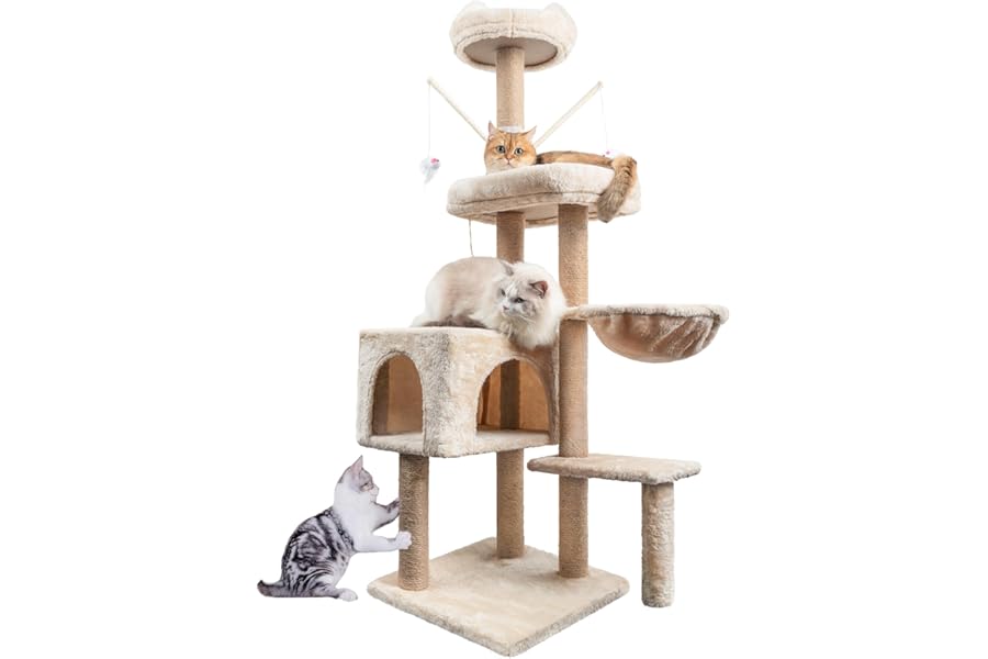 Cat Tree, 145cm Stable Cat Scratching Post for Indoor Cats, Multi-Level Cat Climbing Tower with Posts Fully Wrapped in Natural Sisal Rope, Suitable for Kitty Kitten