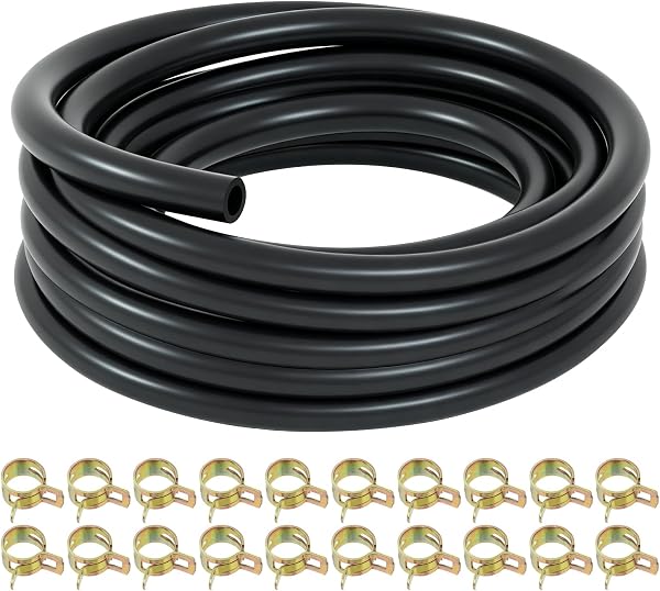 5 mm Tuyau de Carburant Kit 2,4 Mètres, Tuyau D'essence Noir avec 20 Colliers de Serrage, Conduite D'essence pour Tondeuses à Gazon Générateurs Tracteurs Voitures et Petits Moteurs - 1