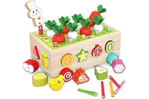 MORKKA Juego de Clasificación de Juguetes Montessori, Rompecabezas de Madera, Cosecha de Zanahorias, Juguete de Habilidades Motoras de Madera, Regalo de Juguete Educativo para Niños de 1 2 3 4 Años, 7 en 1