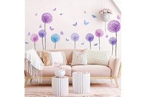 WandSticker4U®- tatuaż ścienny mniszek delikatny liliowy (102x57 cm) I naklejka ścienna kwiaty mniszek lekarski motyle I naklejka ścienna salon sypialnia pokój dziecięcy kuchnia dec