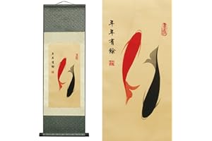 VALART Seide Scroll Malerei Asiatisch Wand Dekoration Seidenmalerei Koifisch - Jahr Habe Fisch - Alter Doppelfisch Schön Chinesische Kunstwandrolle Hängende Bildrolle Orientalisches Dekor (92 x 30 cm)